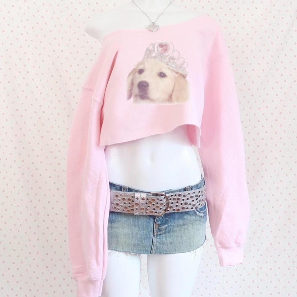 puppy princess off shoulder cropped sweatshirt y2k coquette